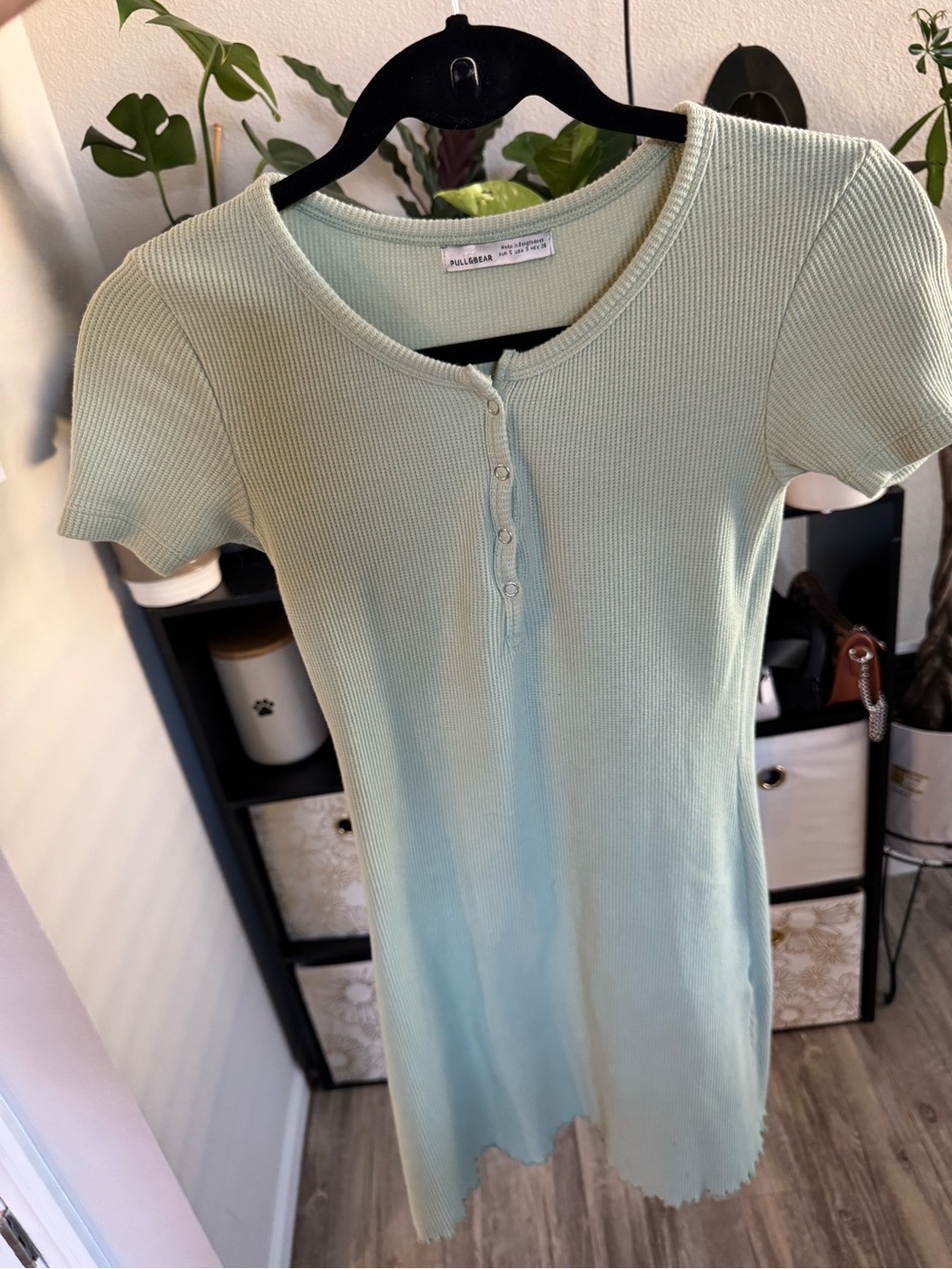 Pull&Bear Light Mint Green Ribbed Button-Front Mini Dress